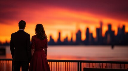Two silhouetted adults stand on a pier railing gazing at a vivid sunset over a distant city skyline together