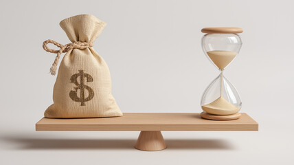 Balanced wooden seesaw with money sack and hourglass on white background