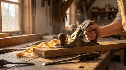 A close-up shot of the woodworking process in a sunny workshop: a man's hands confidently guide a plane across a wooden board, producing long, curling shavings.