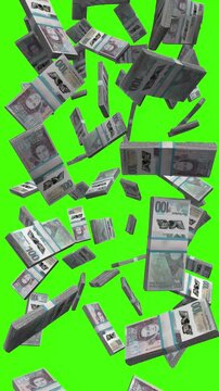 Vertical East Caribbean Dollar bills falling on chromakey, XCD cash rain