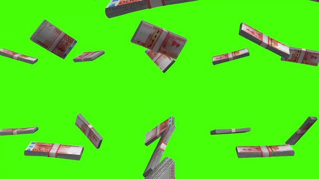 CFP Franc banknotes falling on green screen, French Polynesia currency rain