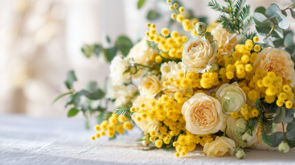 Naklejka premium 明るいイエローフラワー背景素材｜ナチュラルで広告向きの春イメージ ミモザ＆スプレーローズ