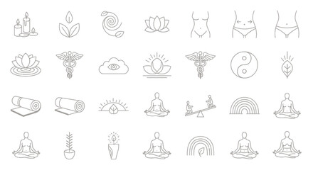 Fototapeta premium Set of minimalist wellness and meditation line icons with lotus and yoga poses.