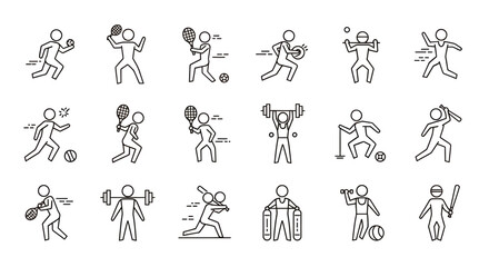 Obraz premium Set of diverse stick figure icons performing various sports and physical activities.