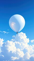 A lone white balloon floats serenely above fluffy white clouds against a vibrant blue sky.