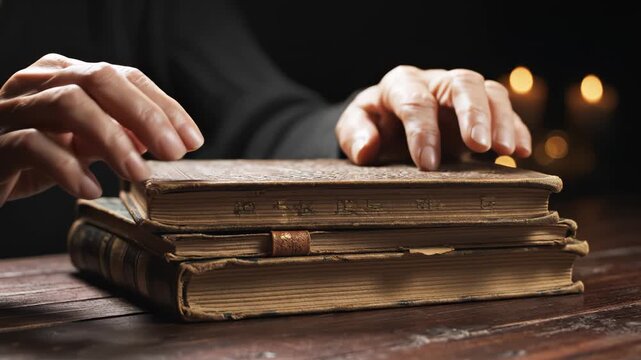 Hands resting on old books