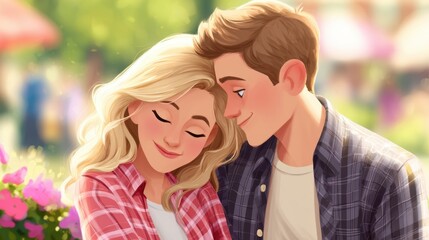 A couple leans close, smiling in a sunlit park surrounded by soft pink flowers and blurred greenery. Warm glow