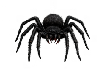 Black hairy spider with red fangs hanging on web, scary arachnid for halloween and horror concepts