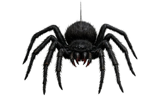 Black hairy spider with red fangs hanging on web, scary arachnid for halloween and horror concepts
