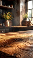 Rustic Kitchen Interior with Focus on Wooden Countertop Texture.