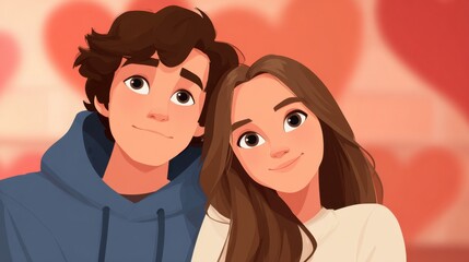Wholesome cartoon couple smiles warmly, standing close with soft background hearts conveying gentle affection