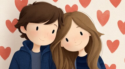 A cute cartoon couple leans close, smiling, with a warm heart-patterned background of red hearts. Warm vibe!!