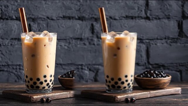 Iced bubble tea with milk and black tapioca pearls in glass with straw and wooden bowl on rustic table against dark brick wall