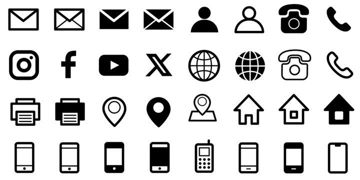 メール、電話、SNS、地図、ホーム、スマートフォンなどを含むビジネス向けモノクロアイコンセット　WebやUIに使いやすいシンプルなピクトグラム素材