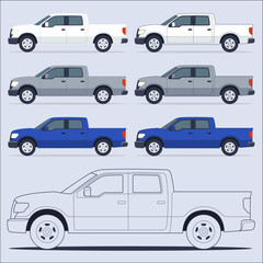 Vector pickup truck side-view illustrations with clean flat style, multiple color variations, ideal for automotive, logistics, UI, infographic, and technical design projects. Fully editable EPS vector © GalihSundoro