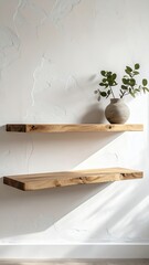 Rustic Wooden Shelves on White Wall with Plant Decoration.