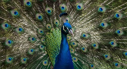 Obraz premium Close-up of a Peacock Displaying its Vibrant Iridescent Tail Feathers