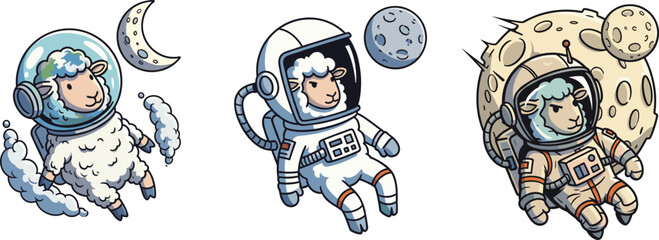 Fototapeta premium Vector Illustration Set of Cute Astronaut Sheep Floating in Space Near the MoonVector Illustration Set of Cute Astronaut Sheep Floating in Space Near the Moon