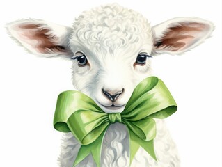 Soft watercolor illustration of an adorable white lamb wearing a green bow, isolated on white, perfect for Easter, spring, and nursery themes.