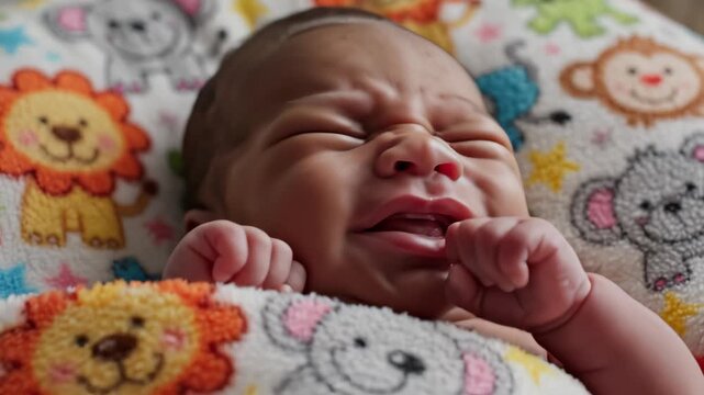 Crying newborn baby on colorful blanket