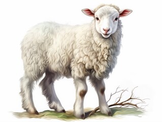 Soft watercolor illustration of a fluffy white lamb standing gently on grass, symbolizing innocence, purity, springtime, and pastoral farm life.