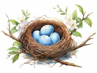 Delicate watercolor illustration of a bird nest holding blue eggs, resting on branches with fresh white blossoms, symbolizing spring, nature, and new life.