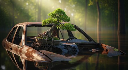 Bonsai Tree Grows on Sunken Rusty Car in Lush Forest Stream
