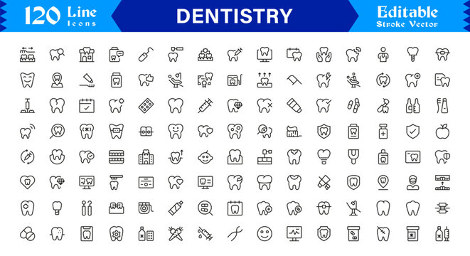 Professional Dentistry Line Icon Set with Modern Minimal Design, Editable Pixel Perfect Dental Symbols, Unique Oral Care and Medical Vector Icons for Healthcare Industry