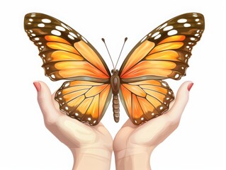 Detailed illustration of an orange butterfly resting on open hands, symbolizing freedom, care, nature protection, transformation, and gentle human connection.