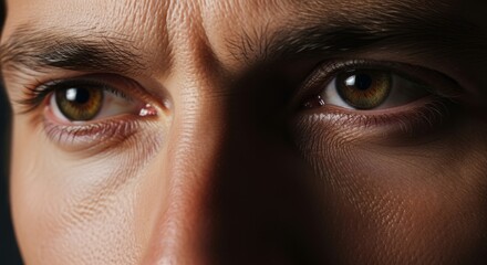 Close-up of man's intense, worried eyes with furrowed brow, dramatic lighting
