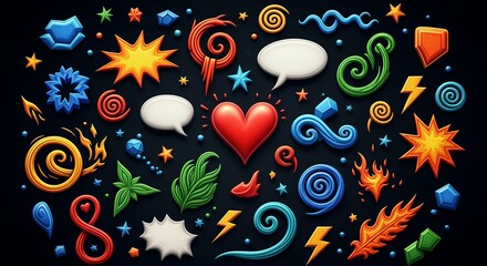 Colorful Abstract Shapes and Symbols Collection on Dark Background