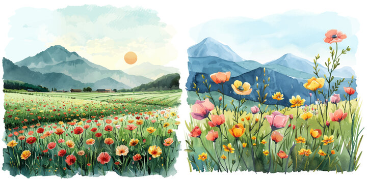 flowers fields with mountain lanscape background watercolor vector illustration
