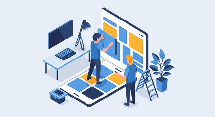 Fototapeta premium App developers working on mobile interface design and development.