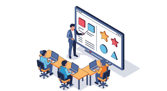 Online education concept with teacher and students learning together.