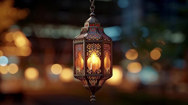 Ornate hanging lantern with intricate metalwork and soft glow.