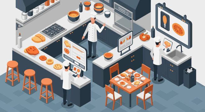 Restaurant kitchen scene with chefs preparing food and serving customers.