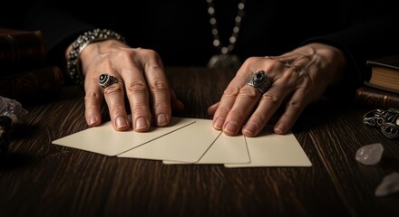 Fortune Teller Hands Laying Cards on Wooden Table, Mystical Atmosphere