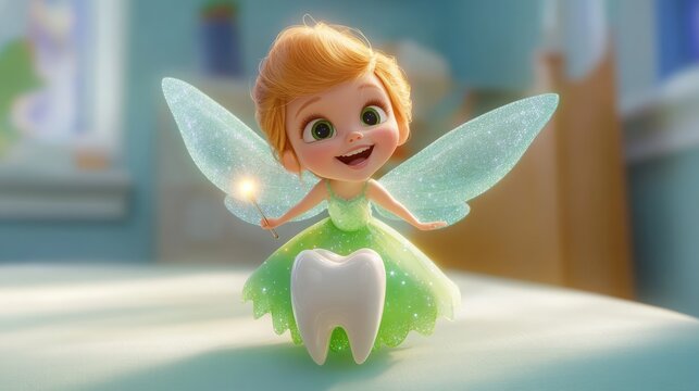 Smiling tooth fairy character with sparkling wings holding magic wand and shiny white tooth