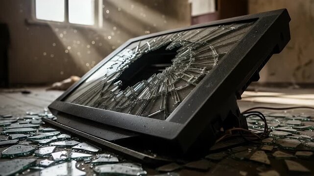 broken monitor with shattered screen in sunlit ruined room