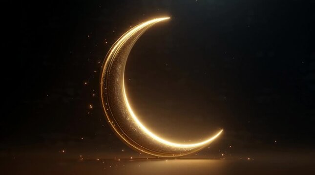 Glowing golden crescent moon shape with stars on dark background.
