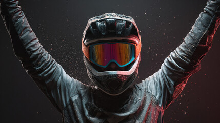 Naklejka premium A professional mountain biker wearing a helmet & goggles w/ color-gradient lenses. Professional, studio-lit, dark background, cinematic feel. He raises his arms in celebration of victory