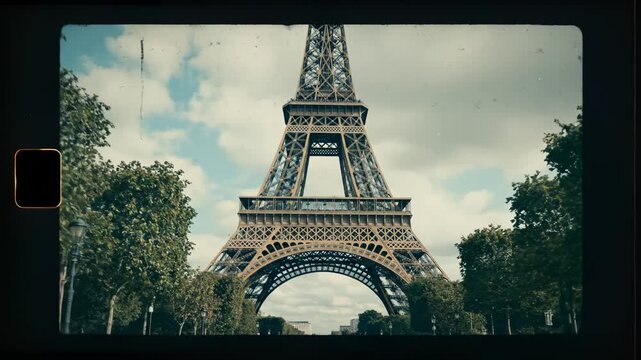 Eiffel Tower framed by trees and sky