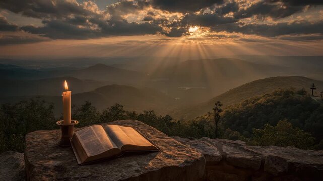 Open book candle mountain sunrise landscape scripture devotional prayer faith contemplative devotion spiritual religious peaceful contemplation hope nature horizon sunbeam valley mist