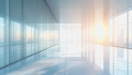 Sunlit modern office hallway with expansive glass walls reflecting the cityscape and polished floors, conveying a sense of openness and professionalism.