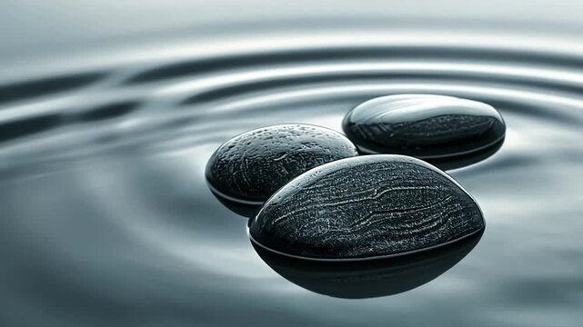Serene arrangement of smooth black stones floating on calm water surface with ripples forming