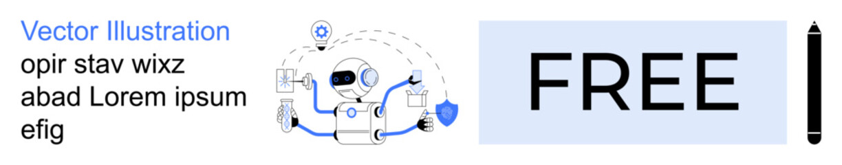 Fototapeta premium Artificial intelligence, robotics, automation, technology, innovation, futuristic design. A robot character in action with FREE text and pen graphic. Artificial intelligence and robotics concept