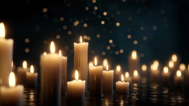 Warm candlelight glow over reflected water with softly flickering flame and bokeh lights creating peaceful intimate atmosphere soft candle flame meditation light wax candle flame reflection warm glow