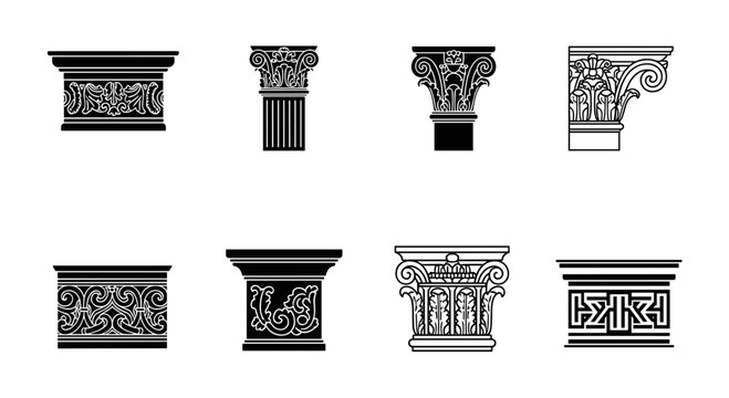 A comprehensive collection of ancient Greek and Roman architectural column capitals and bases, showcasing classical design elements and historical craftsmanship.