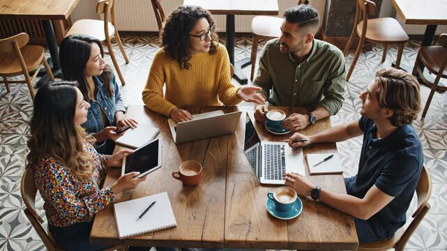 Five people collaborating at a caf table