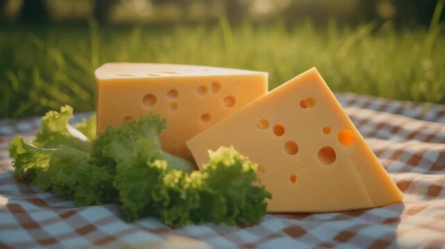 Swiss Cheese and Lettuce on Gingham Blanket in Sunlight